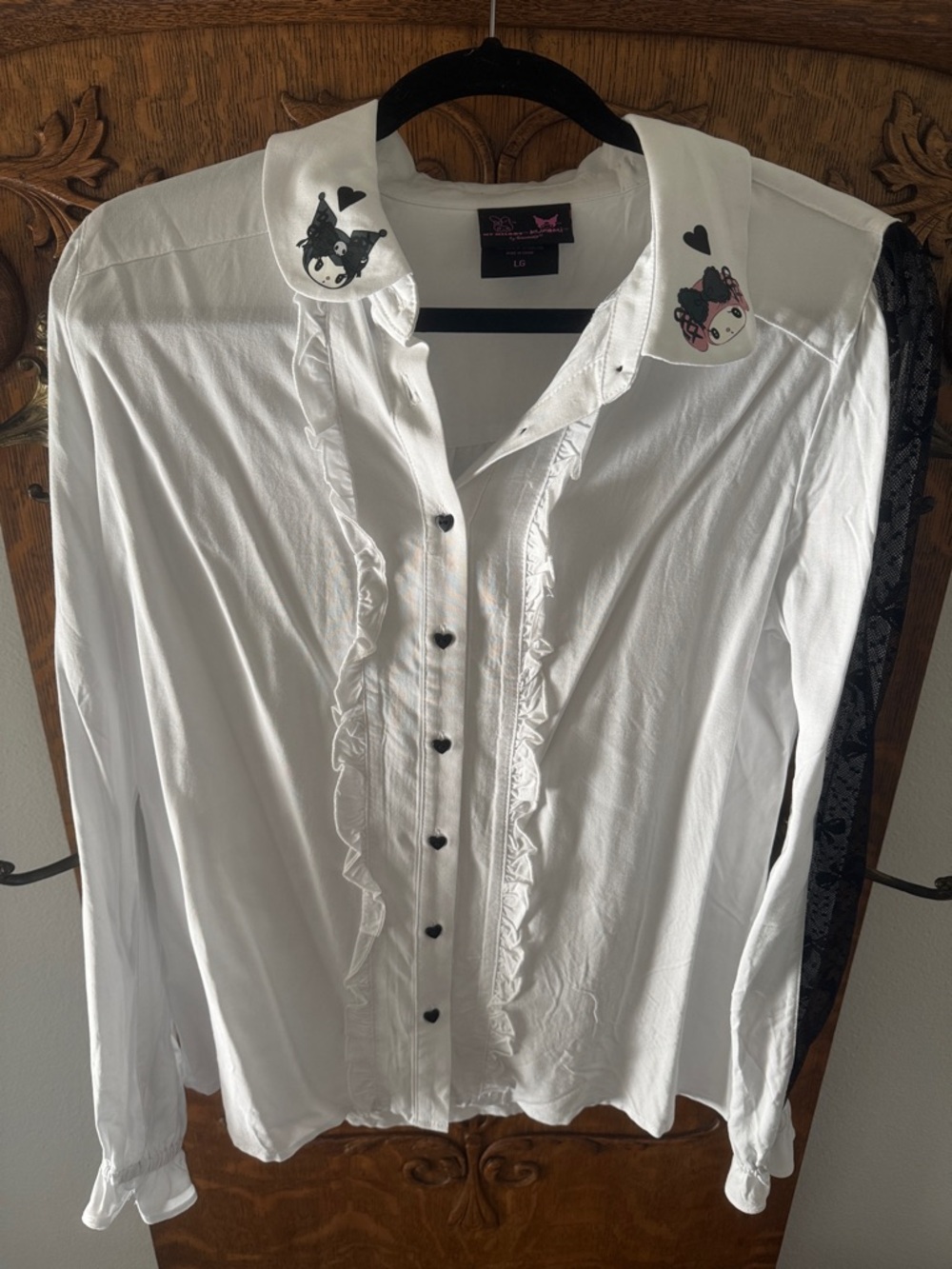 Sanrio White Ruffle Button-Up Blouse with Kuromi & My Melody- lace sleeve detail